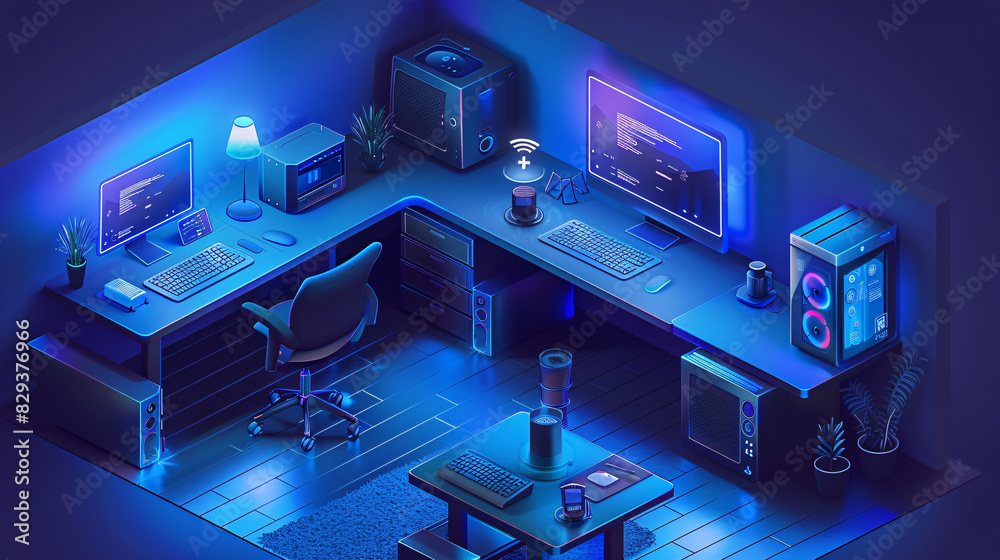 Poster an isometric illustration of a smart home office equipped with ai-augmented reality tools, showing t