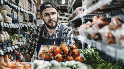 Obraz premium A man wearing an apron stands in a hypermarket, surrounded by shelves of groceries, looking thoughtful and inspired