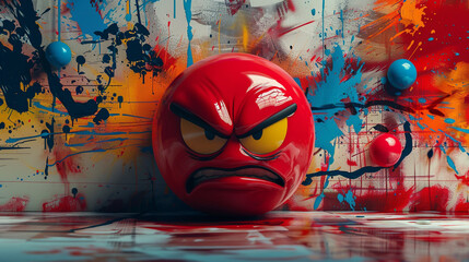 Trendy 3D crimson red emoji showing a frowning face, set against an abstract painted mural background.