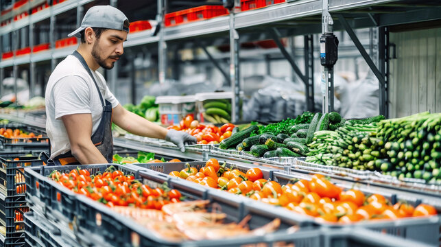 A man in an apron carefully selects fresh vegetables in a bustling grocery store, concentrating on each choice