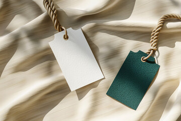Two tags swing on a rope above a fabric like dancers in sync with the wind, a testament to the harmony of different elements. Mockup for design