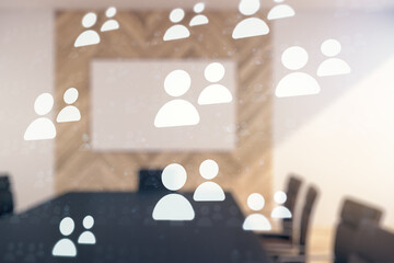 Double exposure of social network icons hologram on a modern boardroom background. Networking concept