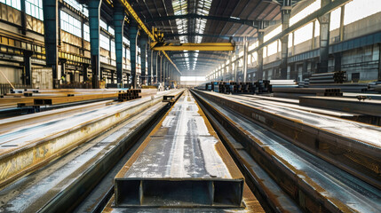 Obraz premium A sprawling warehouse filled with towering stacks of steel beams, creating a labyrinthine environment of industrial chaos