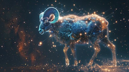 Dynamic depiction of Aries the ram with futuristic digital design