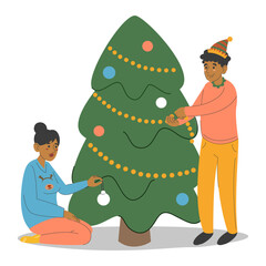 Happy couple decorating Christmas tree vector isolated. Male and female character spend time together. Woman sitting at the fir tree. Celebrating winter holiday.