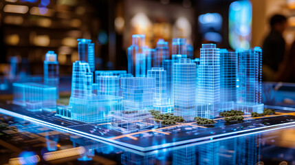 3d blue prints of a real estate project virtual hologram display on the table