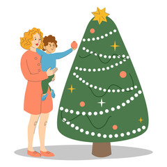 Happy family decorating Christmas tree vector isolated. Parent and little child holding a red bauble. Mother and son spend time together.