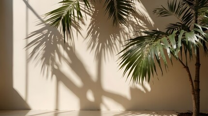 Blurred shadow from palm leaves on light cream wall. Minimalistic beautiful summer spring background for product presentation.