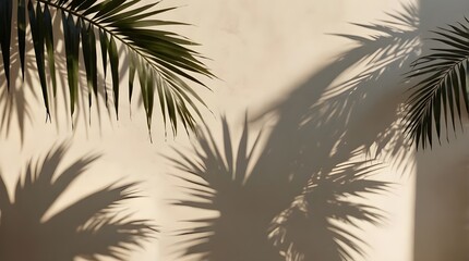 Obraz premium Blurred shadow from palm leaves on light cream wall. Minimalistic beautiful summer spring background for product presentation.