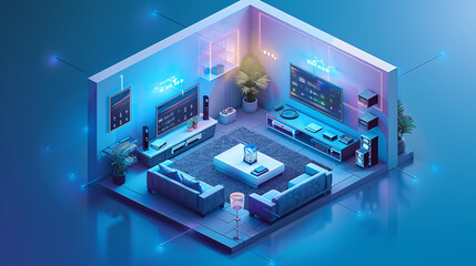 An isometric view of a modern living room in an AI-enhanced smart home, showcasing an advanced home management system on a sleek wall display. The design is clean and minimalistic, providing plenty