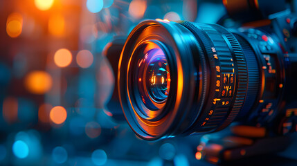 Video camera lens close up. 21 to 9 aspect ratio