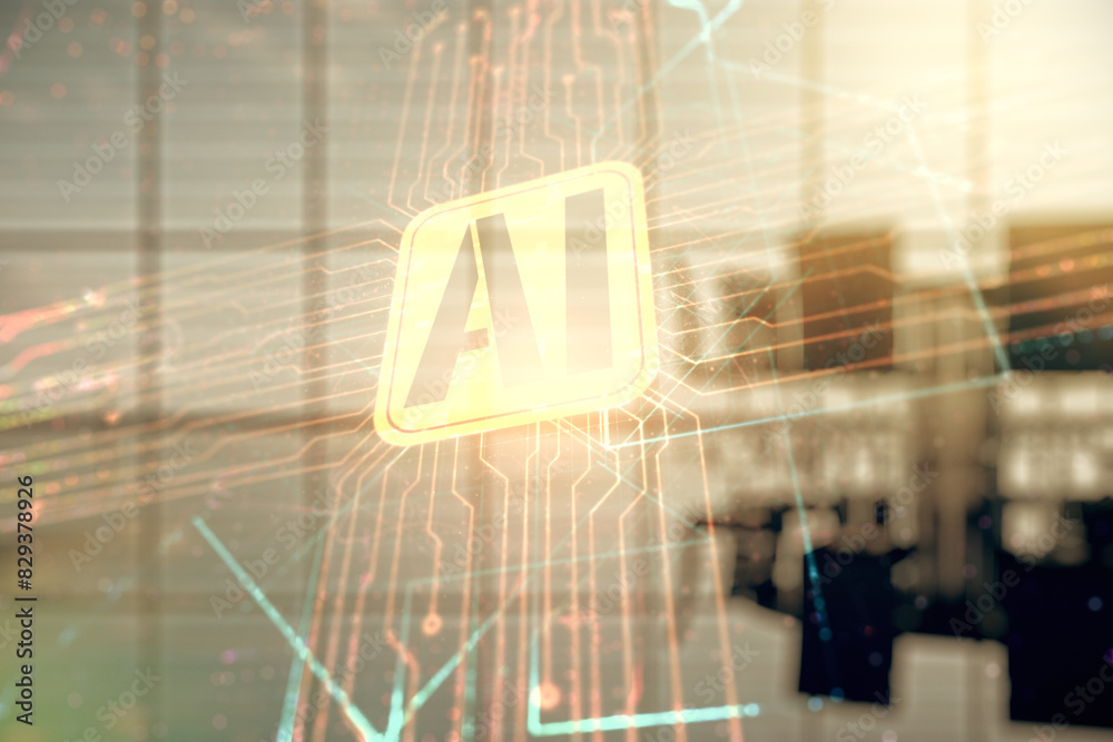 Poster double exposure of creative artificial intelligence icon on a modern meeting room background. neural