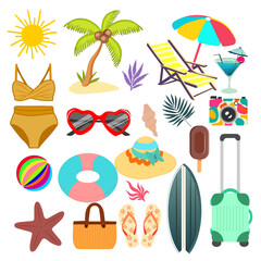 Modern summer elements set, great design for any purposes. Isolated vector illustration. Summer elements set in trendy style on white background. Summertime object.