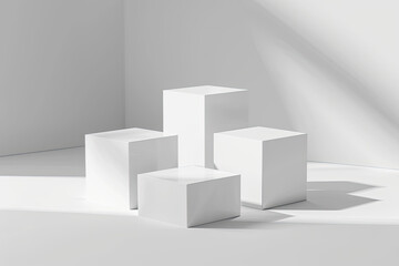 3 white cube podiums on the floor, geometric shadows on background. Created with Ai 