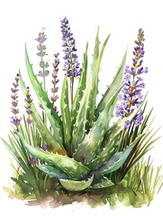 Obraz premium Aloe vera and lavender, watercolor illustration set on a wide white background, with margins, cut out, in the style of photorealistic illustrations, using pastel colors, vintage-inspired clip art.