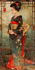 Naklejka premium Beautiful Woman In Traditional Japanese Kimono Standing By The Window