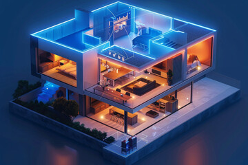 A detailed isometric view of a modern smart home interior reveals AI-augmented reality features managing lighting, climate, and security systems. The minimalist color palette and abundant copy space