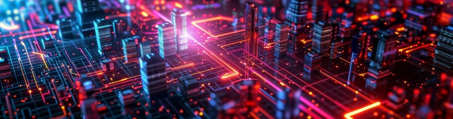 Fototapeta premium Futuristic Smart Cyber City: Innovative Urban Landscape in Digital Circuitry, futuristic technology concept, graphic banner design