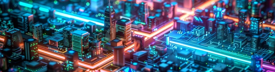 Obraz premium Futuristic Smart Cyber City: Innovative Urban Landscape in Digital Circuitry, futuristic technology concept, graphic banner design