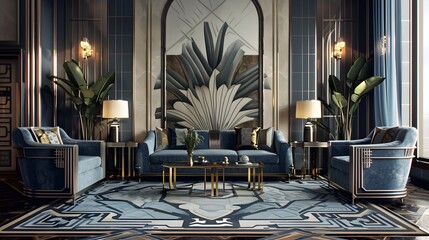 Lavish Art Deco Interior with Geometric Patterns Metallic Accents and Opulent Furnishings