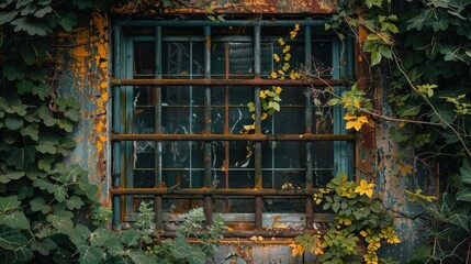 Rusted metal fences surrounding an abandoned factory, with vines and plants intertwining through the structure