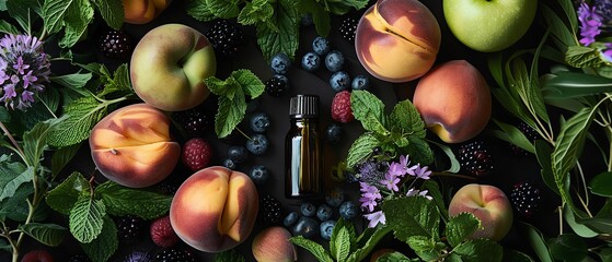 Flat lay photography, a bottle of essential oil surrounded in the style of mint leaves and purple flowers, peaches, blueberries, green apples, black berries, dark greens, vibrant colors on a floral ba