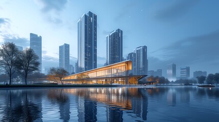 Naklejka premium Modern Curved Glass Building in Urban Skyline With Illuminated Windows At Dusk