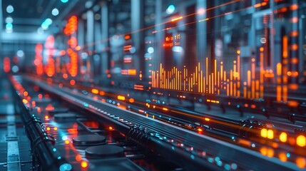 Obraz premium industrial IoT solutions in a factory setting, with colorful graphs and charts showing improvements in productivity