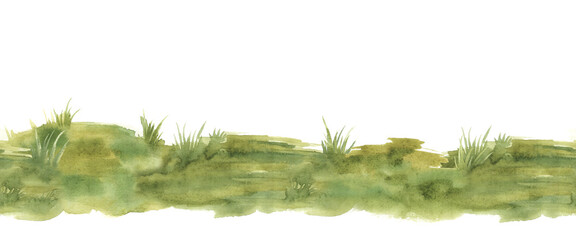 Pale green grass seamless border. Hand drawn watercolor illustration isolate on white background. Lush green meadow, park, farm, garden element. Natural plants floral illustration. Horizontal banner