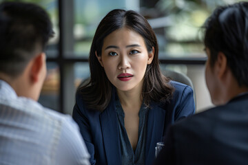 A businesswoman (Indigenous American) taking a break from a meeting to stretch and relax her shoulders.