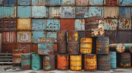 Old rusted metal containers and barrels stacked in an industrial yard, capturing the essence of decay