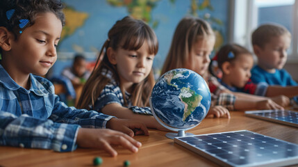 A classroom of children (diverse ethnicity) learning about renewable energy sources with a globe and solar panel models. Photorealistic Stock Photo with Copy Space