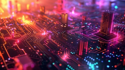 Fototapeta premium Futuristic Smart Cyber City: Innovative Urban Landscape in Digital Circuitry, futuristic technology concept, graphic banner design
