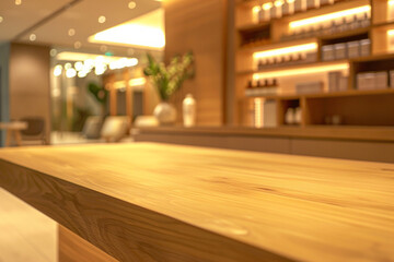 A wooden reception desk in the foreground with a blurred background of a high-end spa. The background features elegant decor, comfortable seating, shelves with beauty products, and calming  ambient