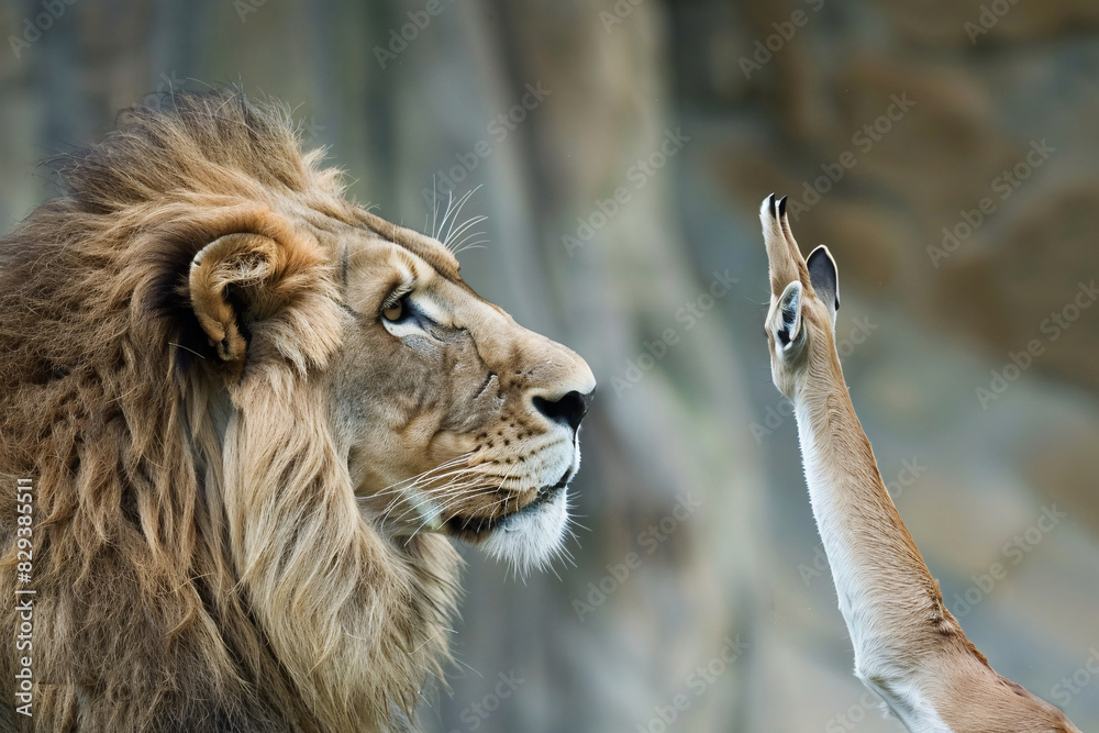 Poster a lion (colleague) offering a helping hand to a worried zebra (colleague) who seems frustrated with 