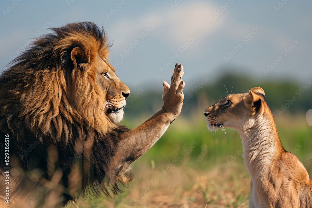 Poster a lion (colleague) offering a helping hand to a worried zebra (colleague) who seems frustrated with 