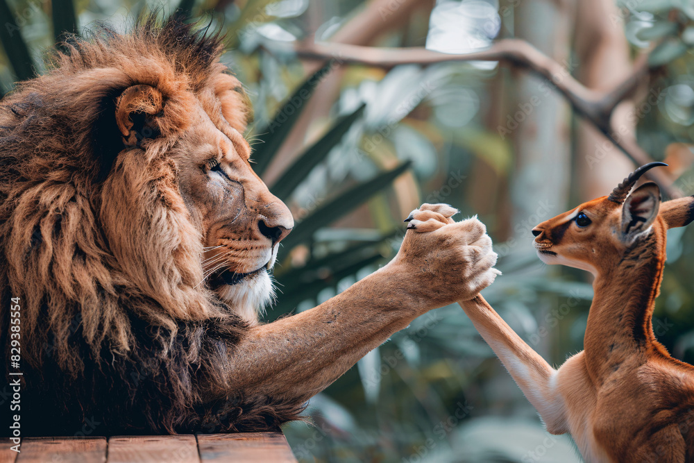 Poster a lion (colleague) offering a helping hand to a worried zebra (colleague) who seems frustrated with 