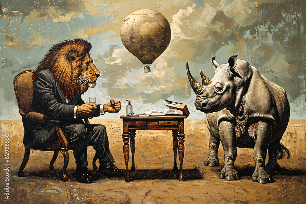 Poster a lion (colleague) offering a helping hand to a worried zebra (colleague) who seems frustrated with 