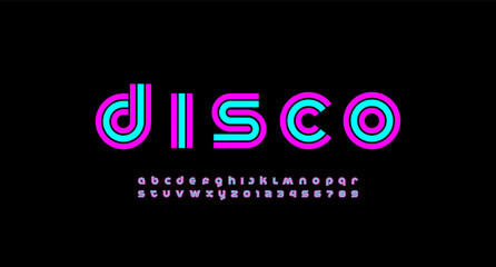 Modern stylized striped font, minimalistic trendy alphabet made disco style, graphic bright letters and numerals, vector illustration 10EPS