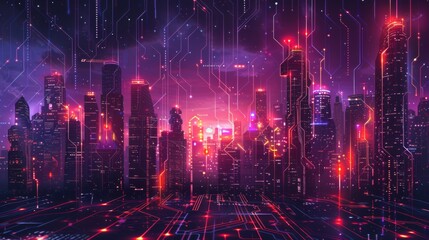 Obraz premium Futuristic Smart Cyber City: Innovative Urban Landscape in Digital Circuitry, futuristic technology concept, graphic banner design