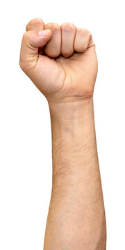 Isolated raised fist or clenched fist gesture. A symbol of solidarity, support, greeting, expressing unity, strength.