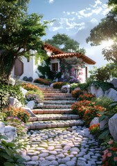 Stone path to a beautiful house with flowers