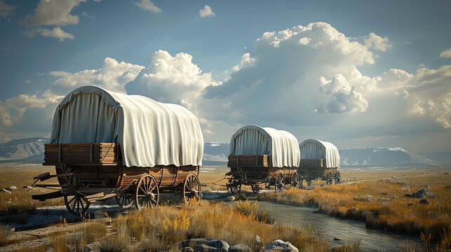 covered wagons also known as Conestoga wagons against blue sky with clouds for Pioneer Day background.