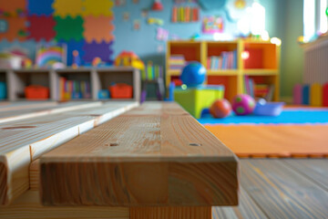 A wooden play table in the foreground with a blurred background of a children's playroom. The background includes colorful toys, bookshelves with children's books, soft play mats, and cheerful.
