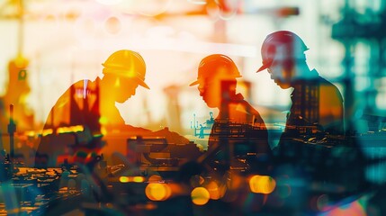 Factory workers assembling products, close up, focus on, copy space, vibrant colors, Double exposure silhouette with teamwork
