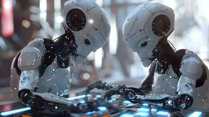 Fototapeta premium Futuristic AI robots playing a game together
