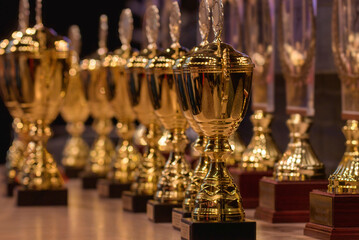 A row of gold and red trophies sit on a table