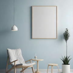 A blank frame mockup in a tropical-themed living room with bright colors and lush, leafy plants.