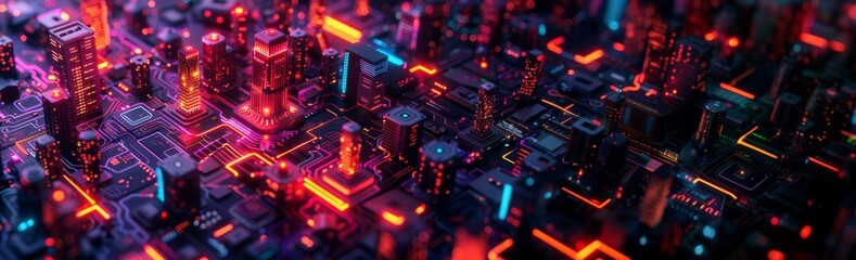 Futuristic Smart Cyber City: Innovative Urban Landscape in Digital Circuitry, futuristic technology concept,  graphic banner design
