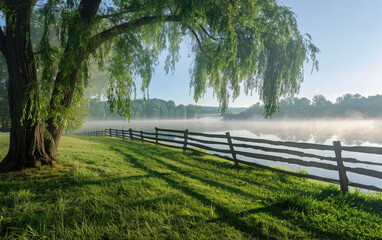 A photo depicts an expansive green lawn with a willow tree in the foreground. Created with Ai